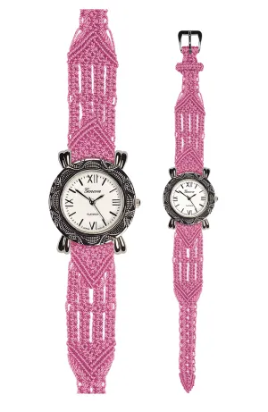 106 Pink - Wide with Bali Style Round Etched Silver Watch