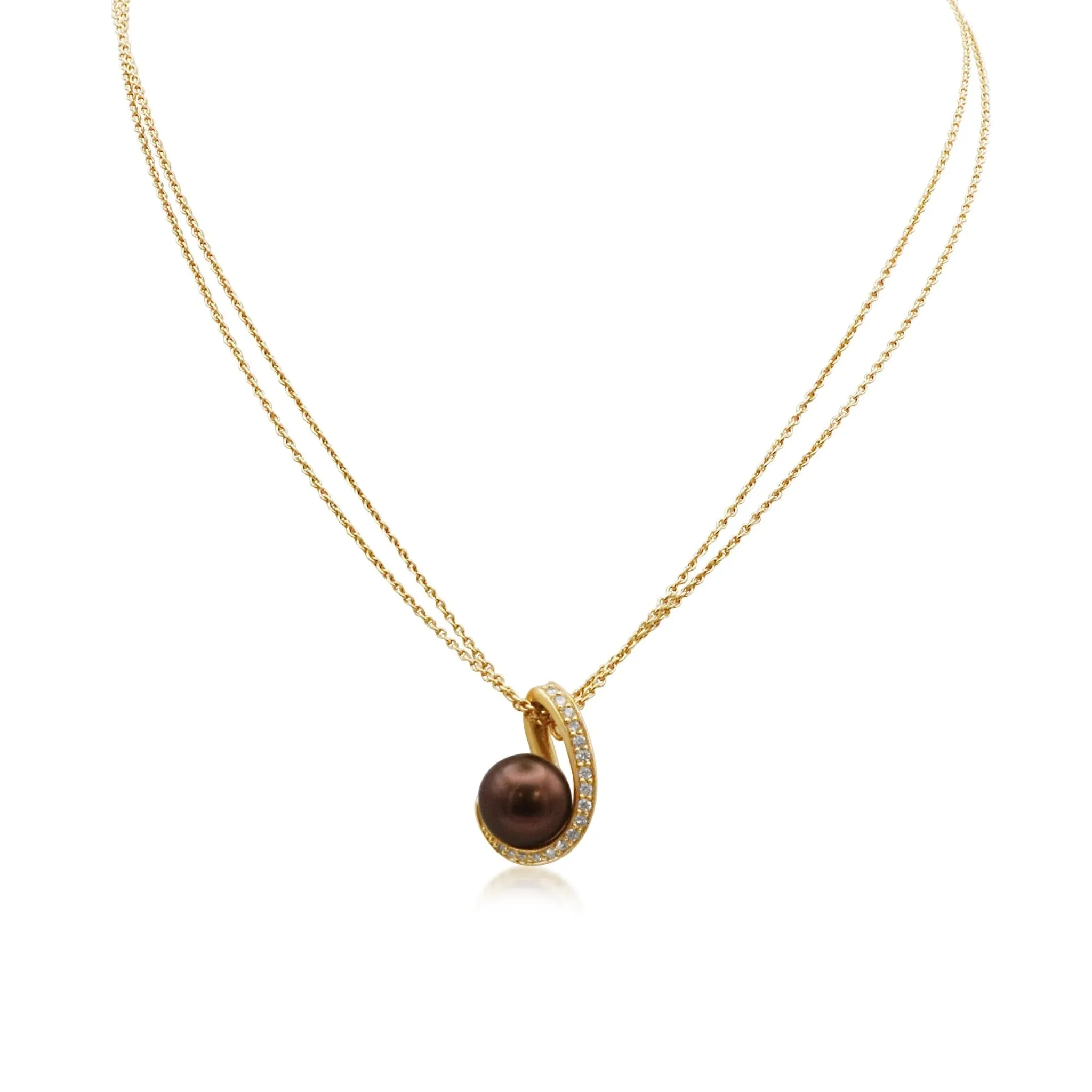 10mm Golden Cultured Pearl & Diamond Pendant Necklace - 18ct Yellow Gold