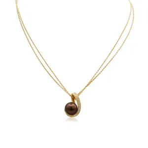 10mm Golden Cultured Pearl & Diamond Pendant Necklace - 18ct Yellow Gold