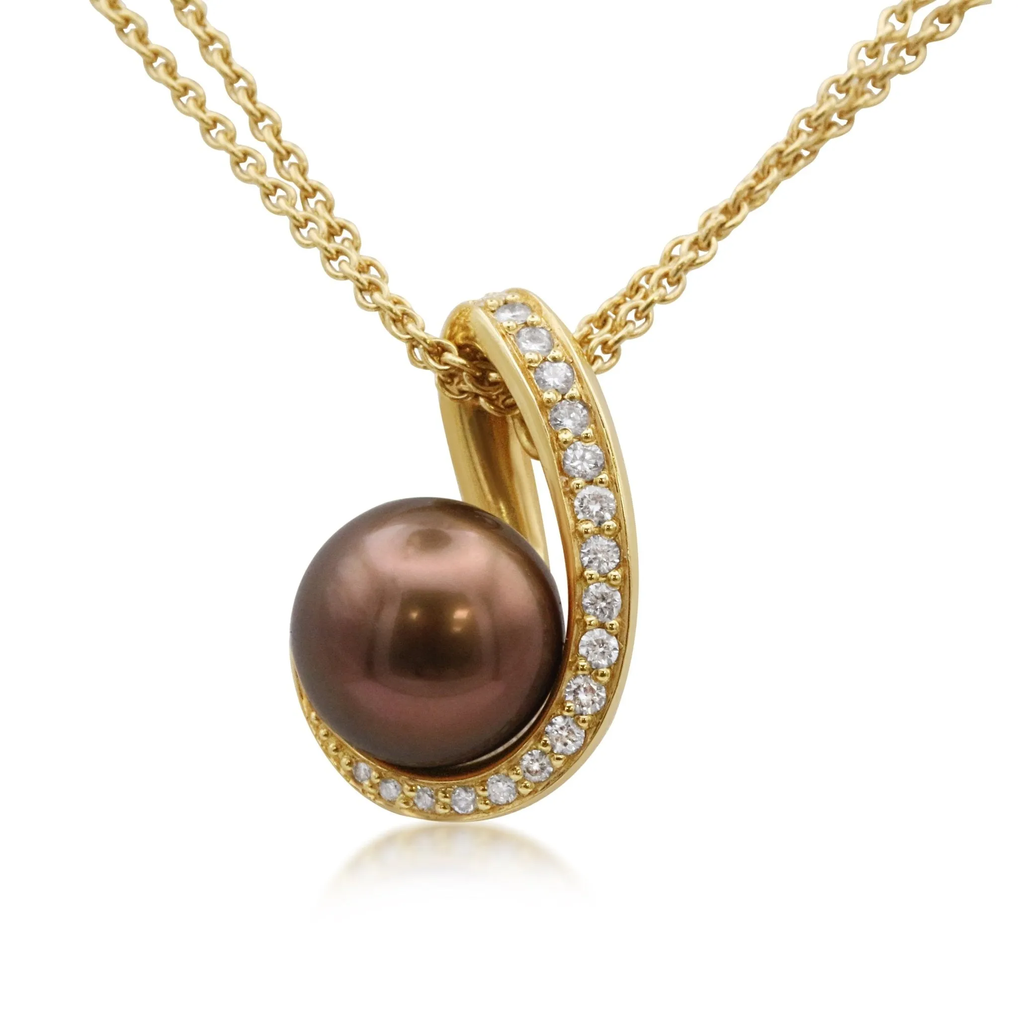 10mm Golden Cultured Pearl & Diamond Pendant Necklace - 18ct Yellow Gold