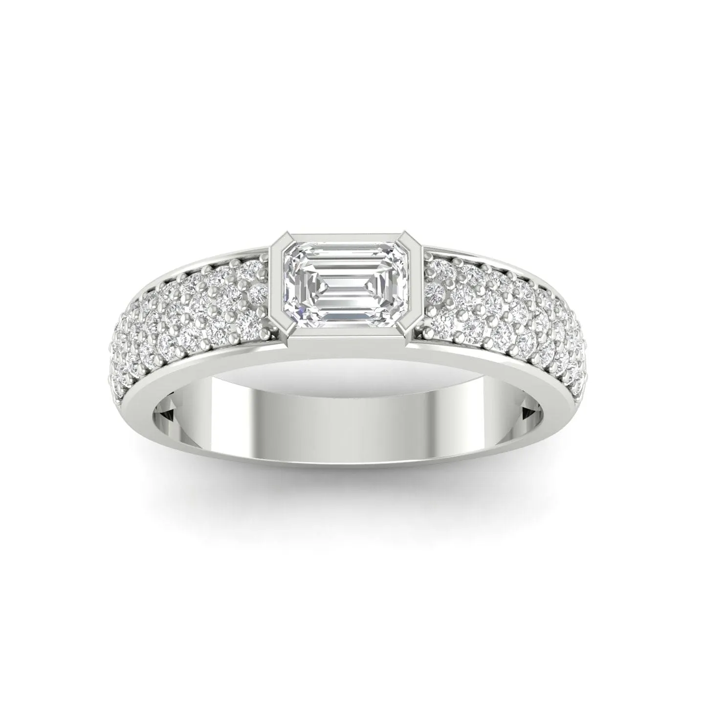 14K & 18K Gold Horizontal Emerald Cut Diamond with Micro-Pave Diamond Ring, Lab Grown