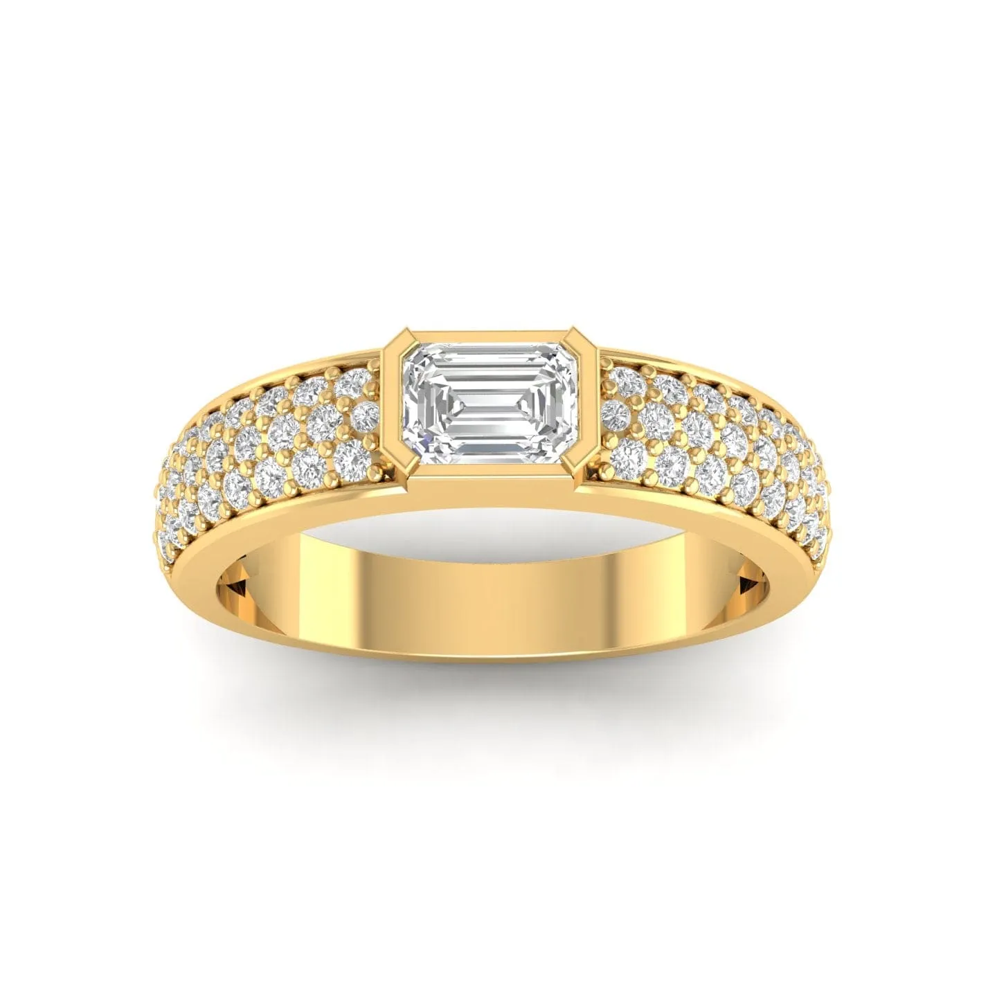 14K & 18K Gold Horizontal Emerald Cut Diamond with Micro-Pave Diamond Ring, Lab Grown
