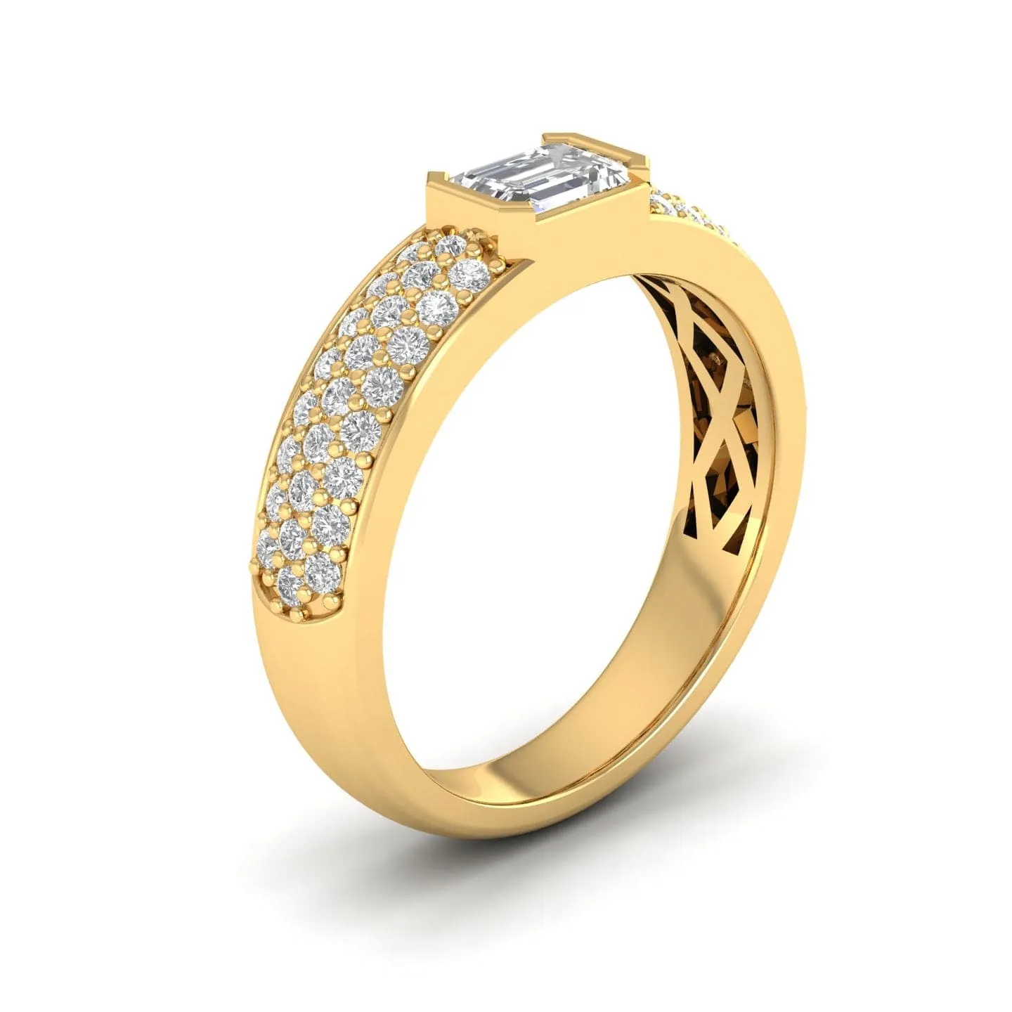 14K & 18K Gold Horizontal Emerald Cut Diamond with Micro-Pave Diamond Ring, Lab Grown