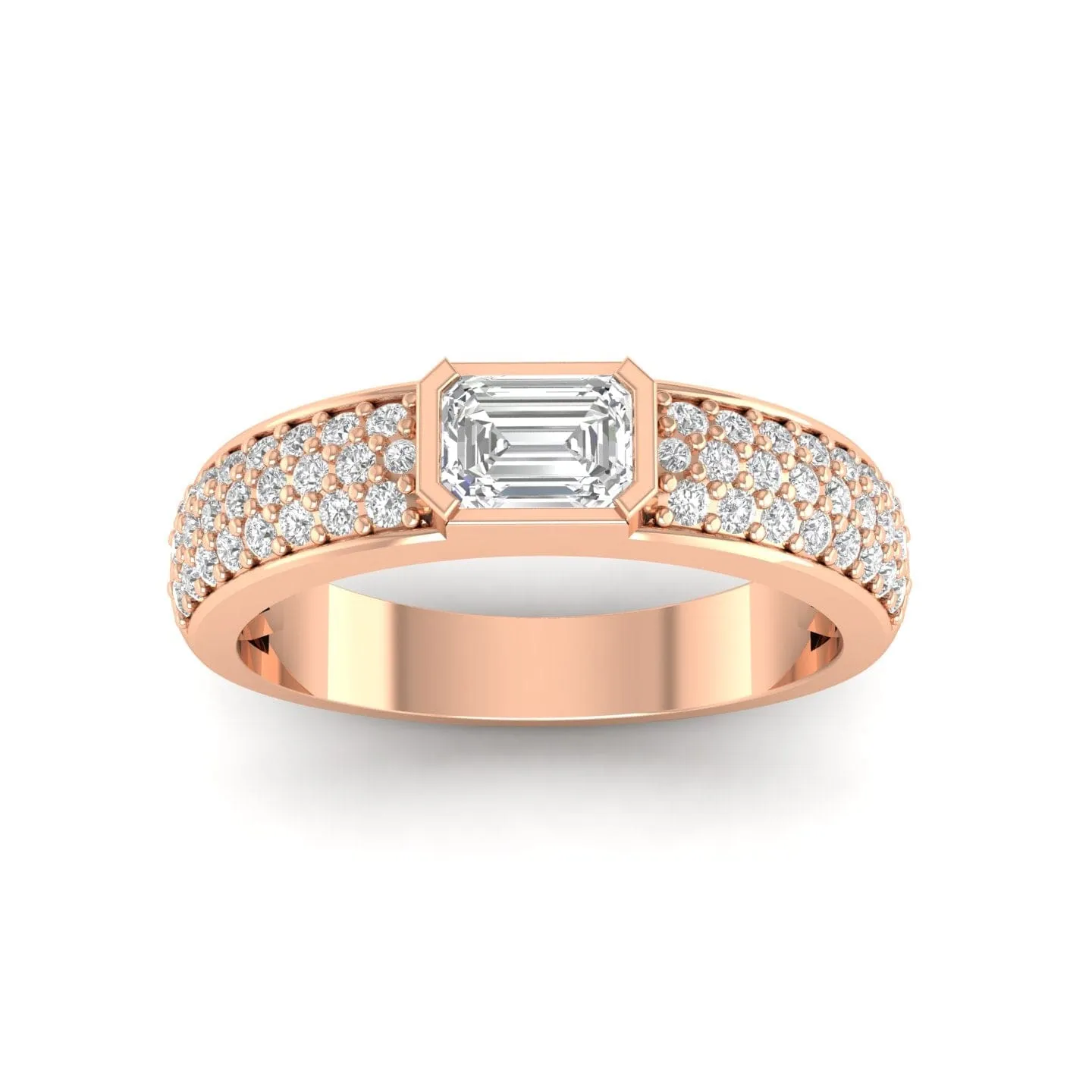 14K & 18K Gold Horizontal Emerald Cut Diamond with Micro-Pave Diamond Ring, Lab Grown