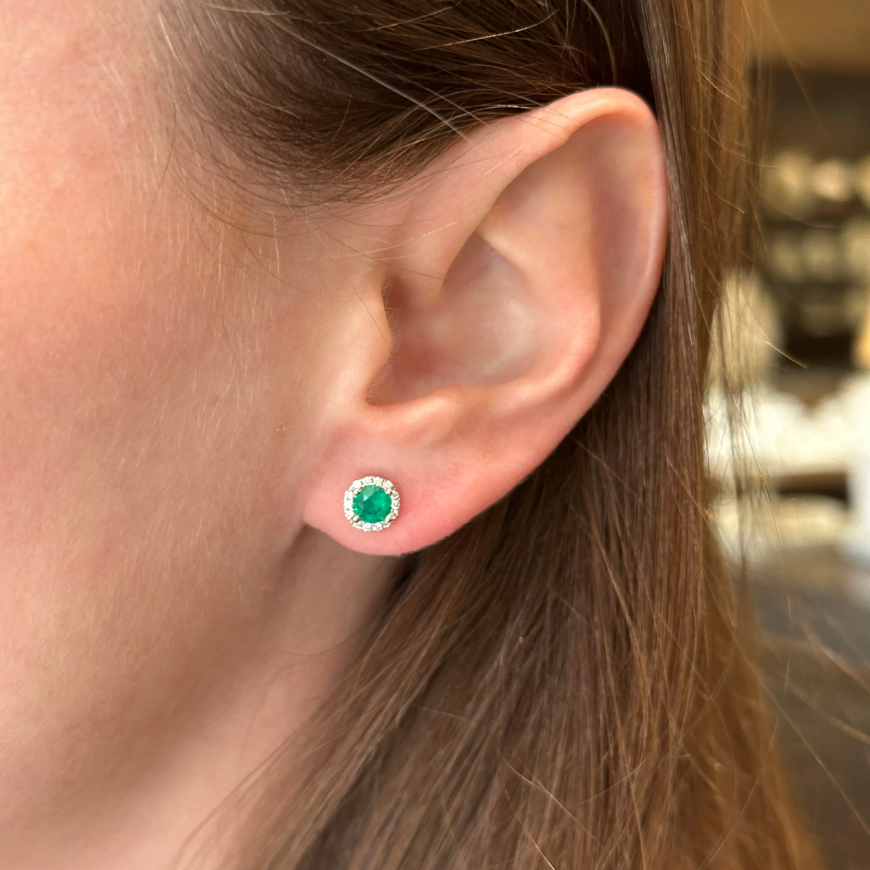 14K White Gold 0.59 CTW Emerald and Diamond Stud Earrings