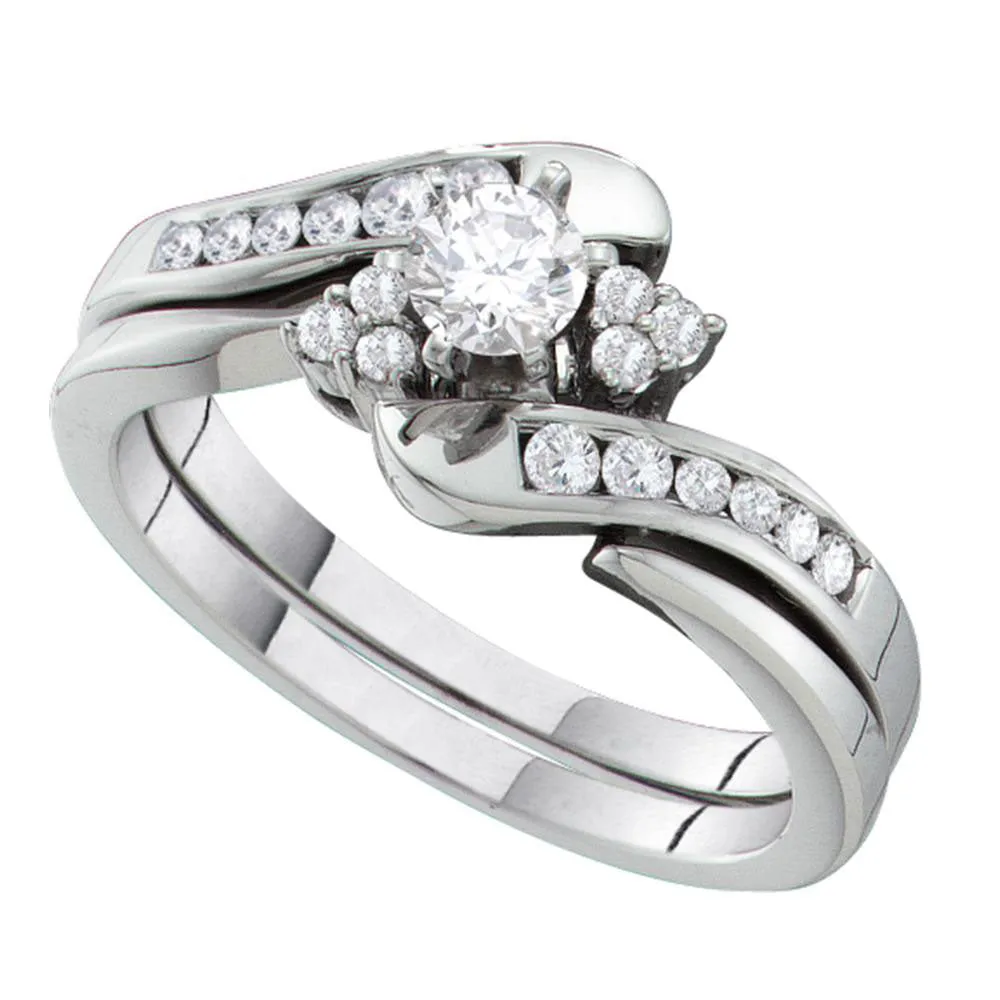 14kt White Gold Round Diamond Bridal Wedding Ring Band Set 1/2 Cttw