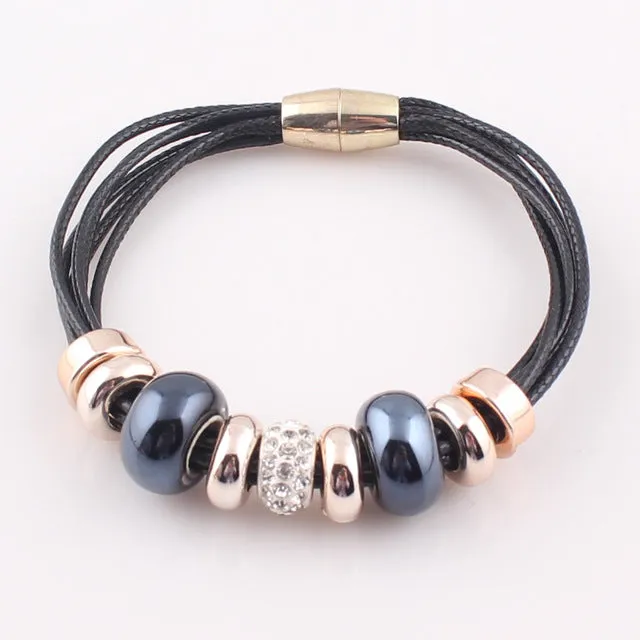 2016 New Fashion 6 Layer Leather Bracelet Bangle with Europe Big Hole Beads Charms magnetic clasp bracelet JJAL B320