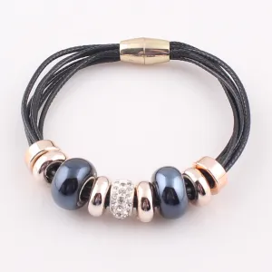 2016 New Fashion 6 Layer Leather Bracelet Bangle with Europe Big Hole Beads Charms magnetic clasp bracelet JJAL B320