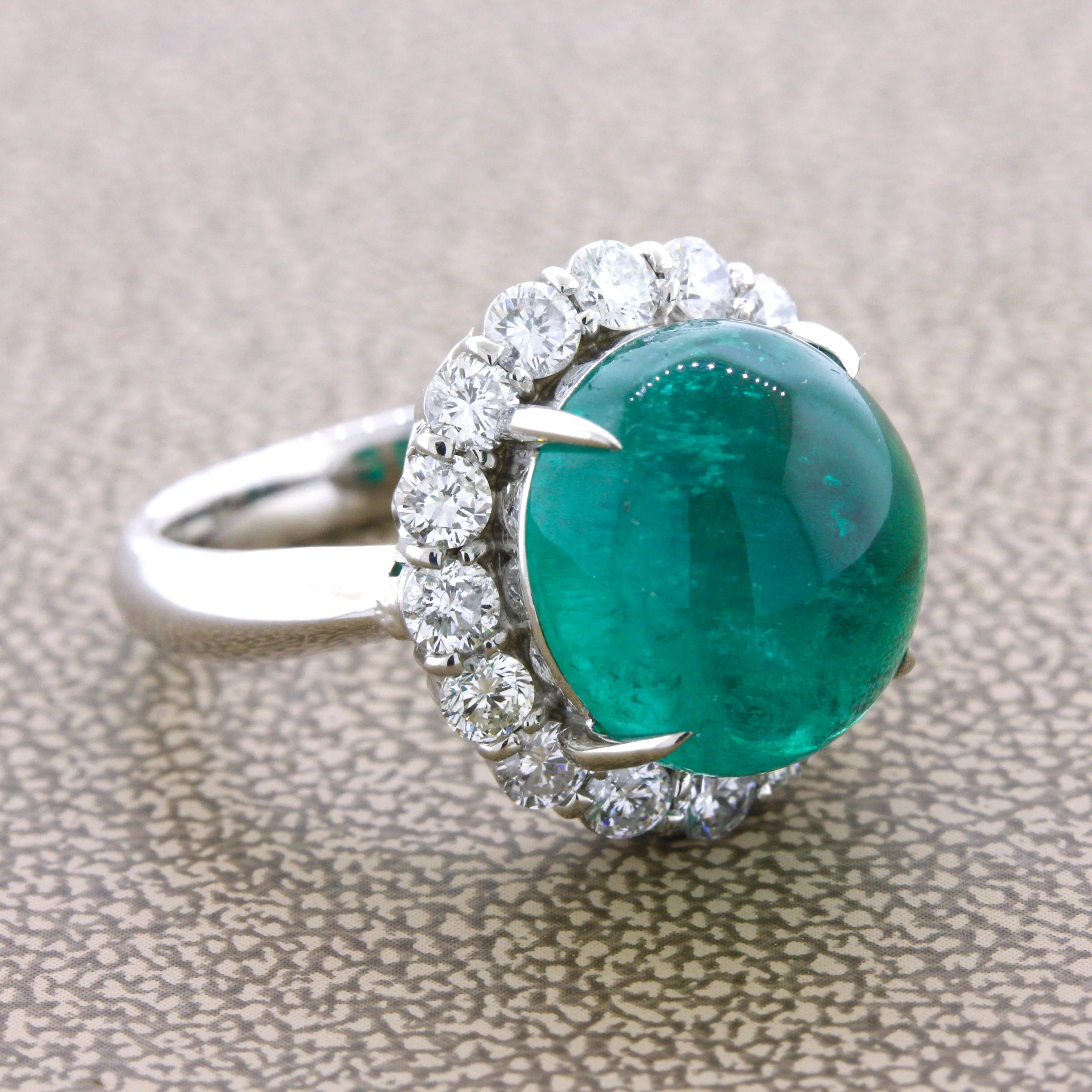 7.78 Carat Gem Cabochon Emerald Diamond Platinum Ring