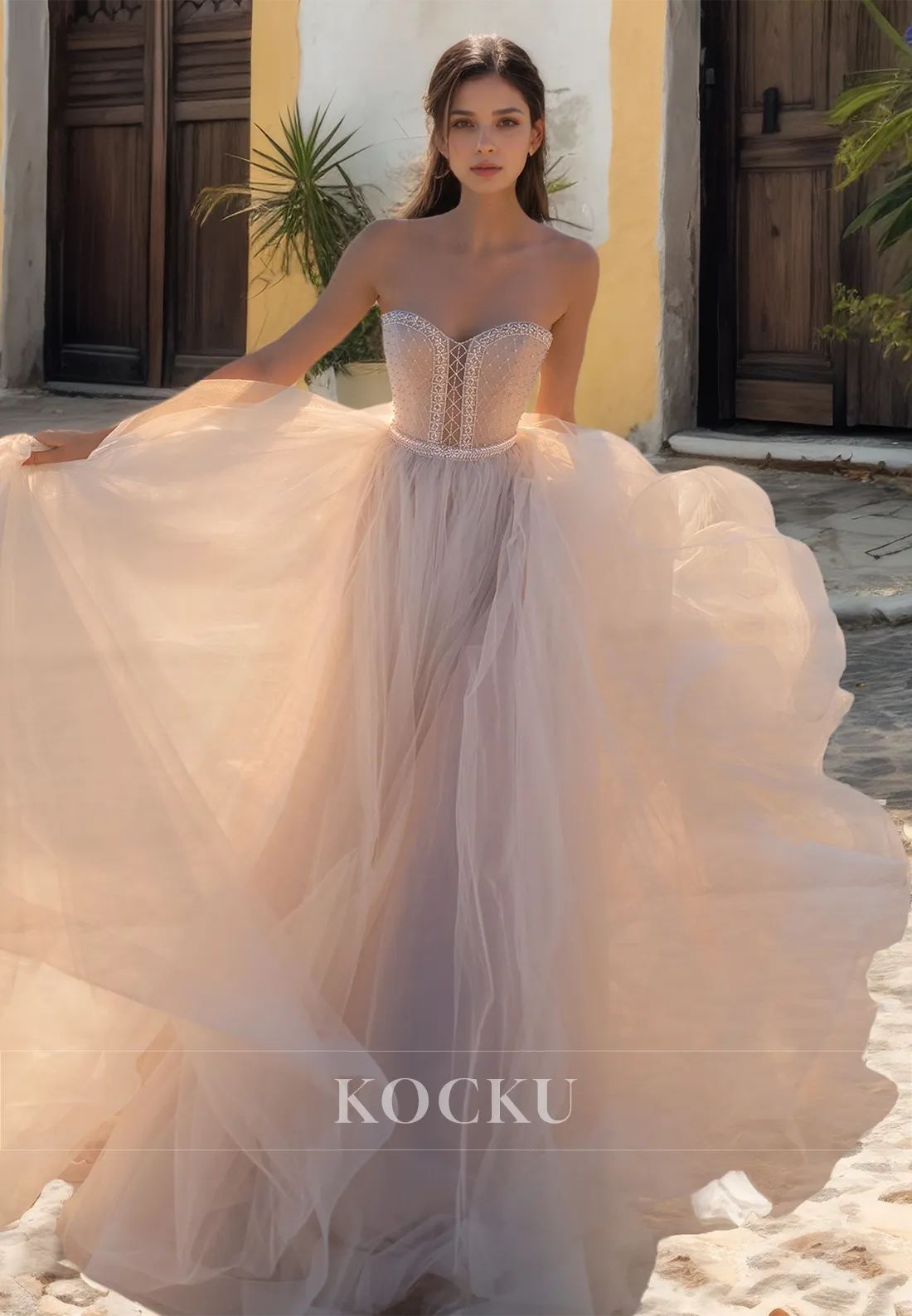 A-Line Sweetheart Sleeveless Sweep Train Pleats Lace Wedding Dress Bridal Gowns with Beads