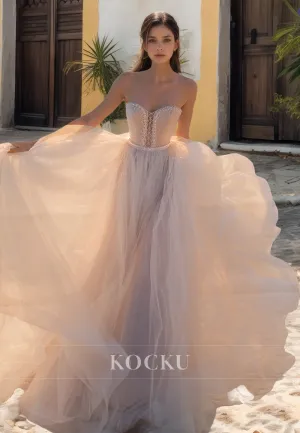 A-Line Sweetheart Sleeveless Sweep Train Pleats Lace Wedding Dress Bridal Gowns with Beads