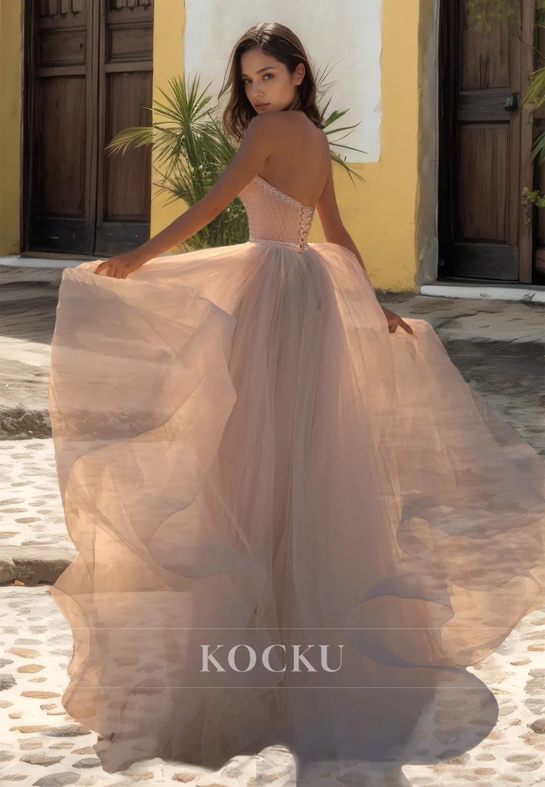 A-Line Sweetheart Sleeveless Sweep Train Pleats Lace Wedding Dress Bridal Gowns with Beads
