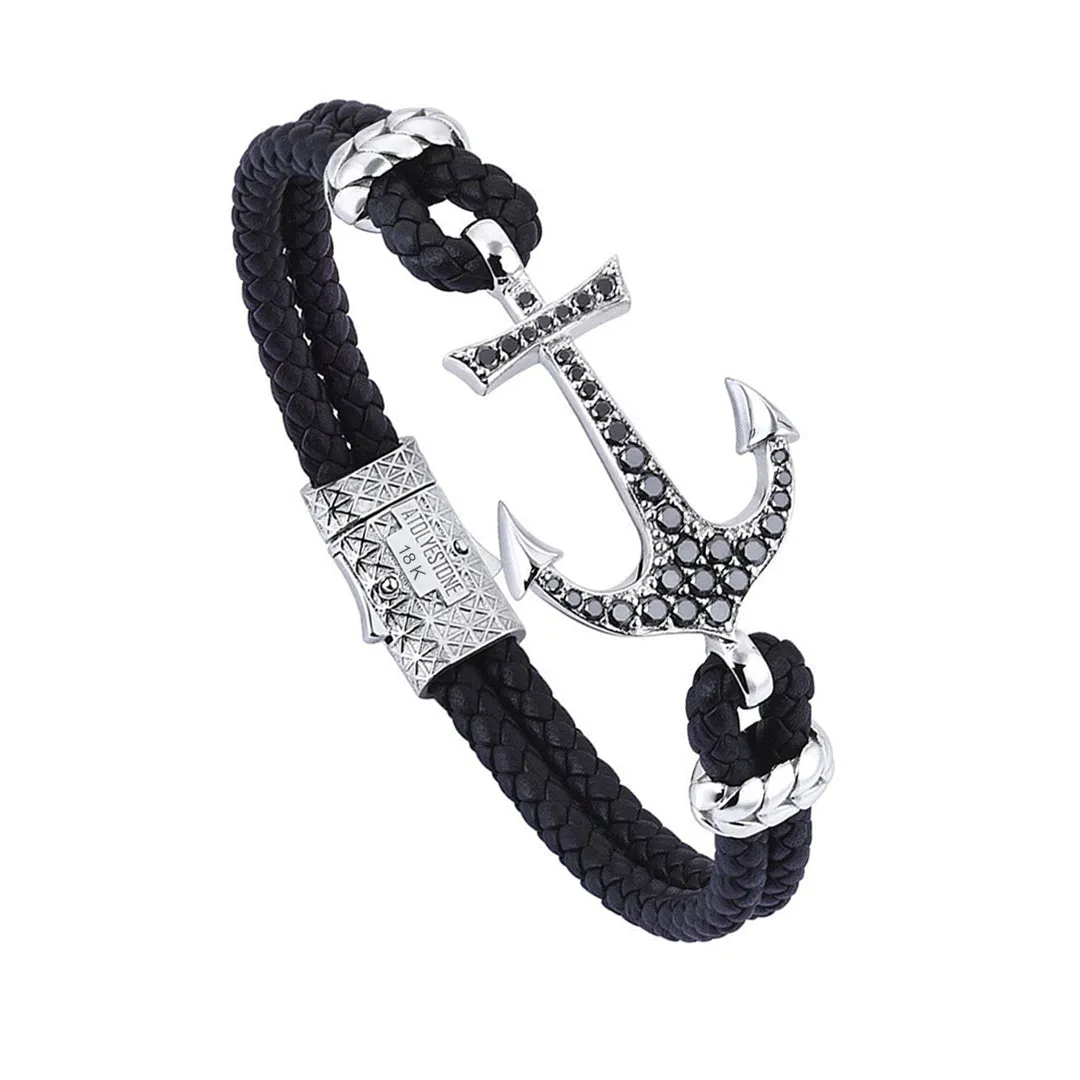 Anchor Leather Bracelet - Solid White Gold