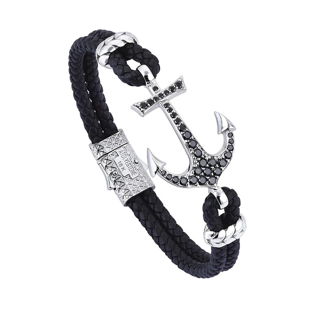 Anchor Leather Bracelet - Solid White Gold