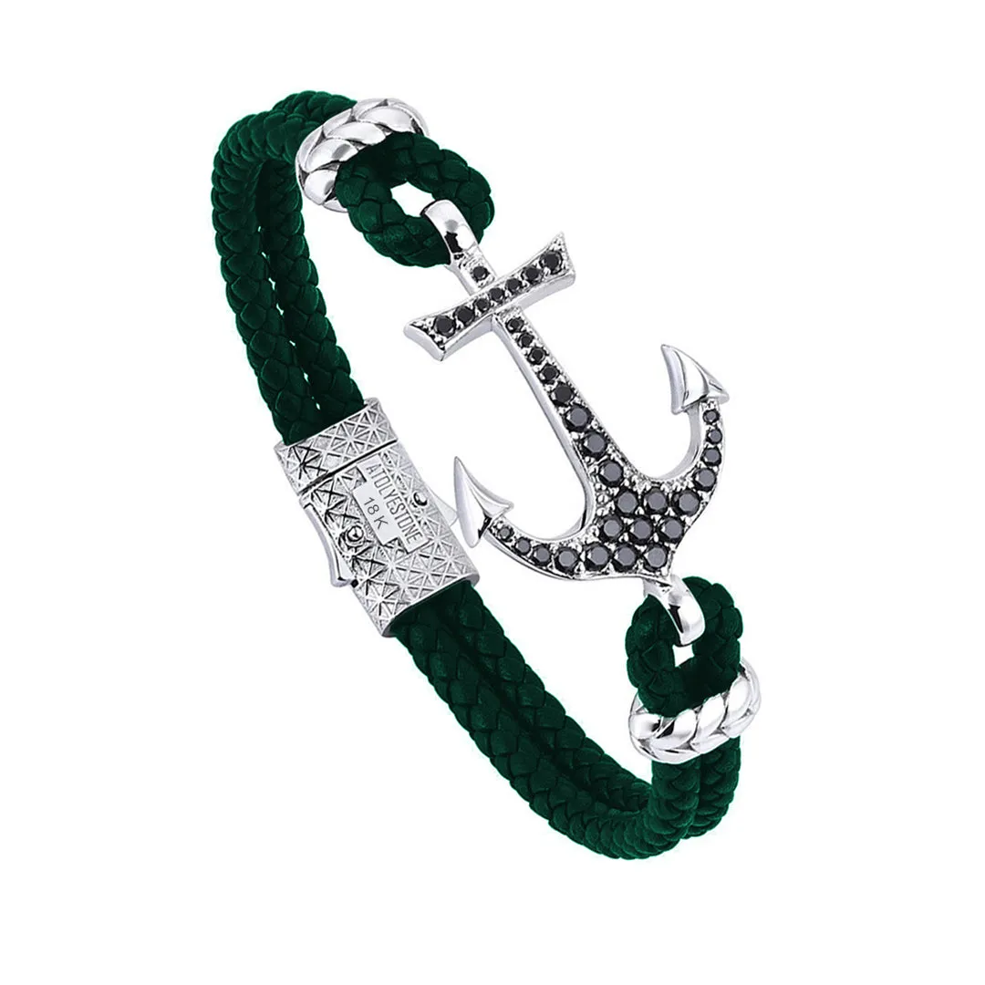 Anchor Leather Bracelet - Solid White Gold