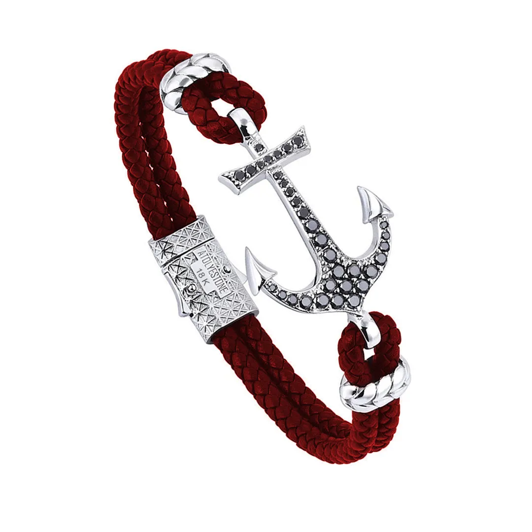 Anchor Leather Bracelet - Solid White Gold