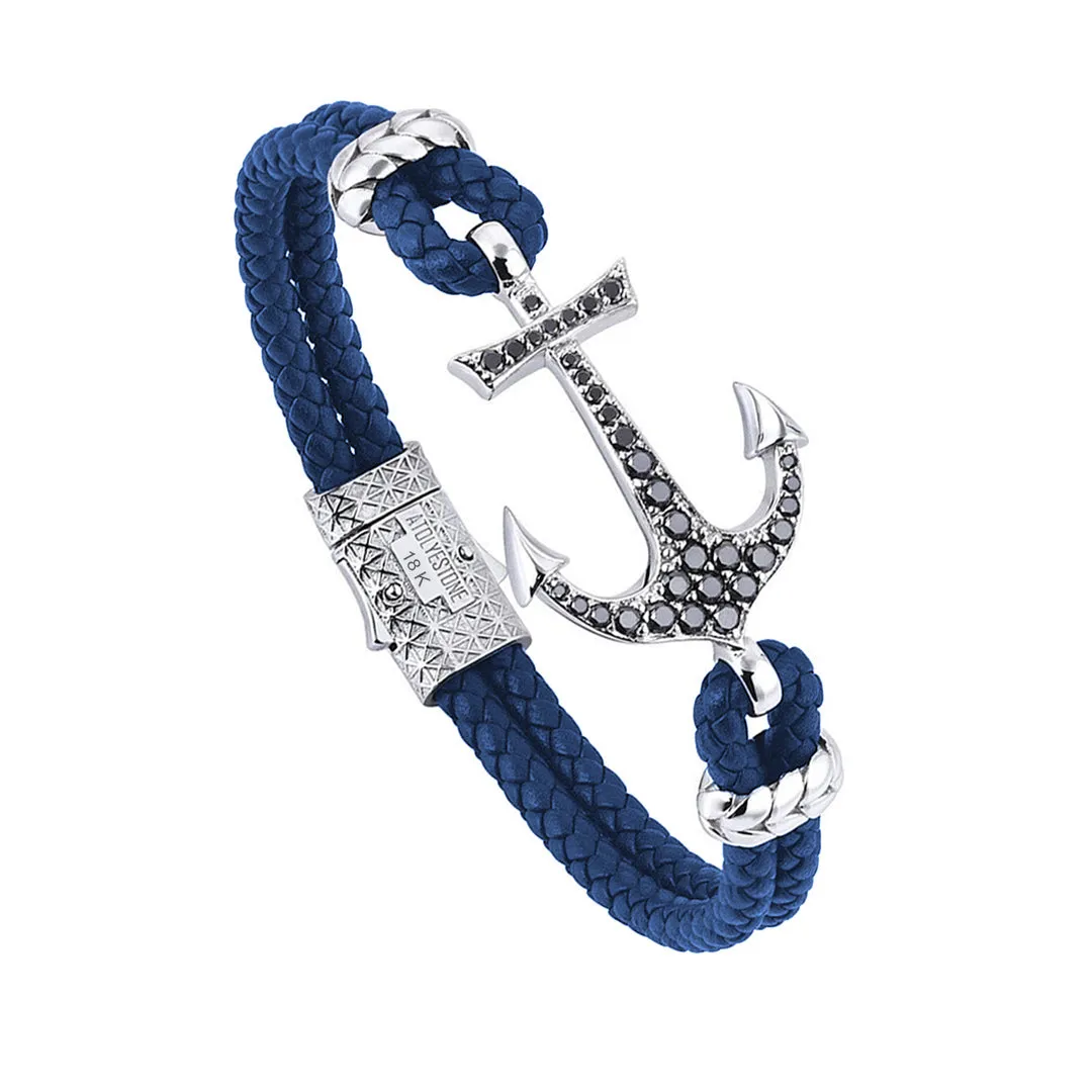 Anchor Leather Bracelet - Solid White Gold