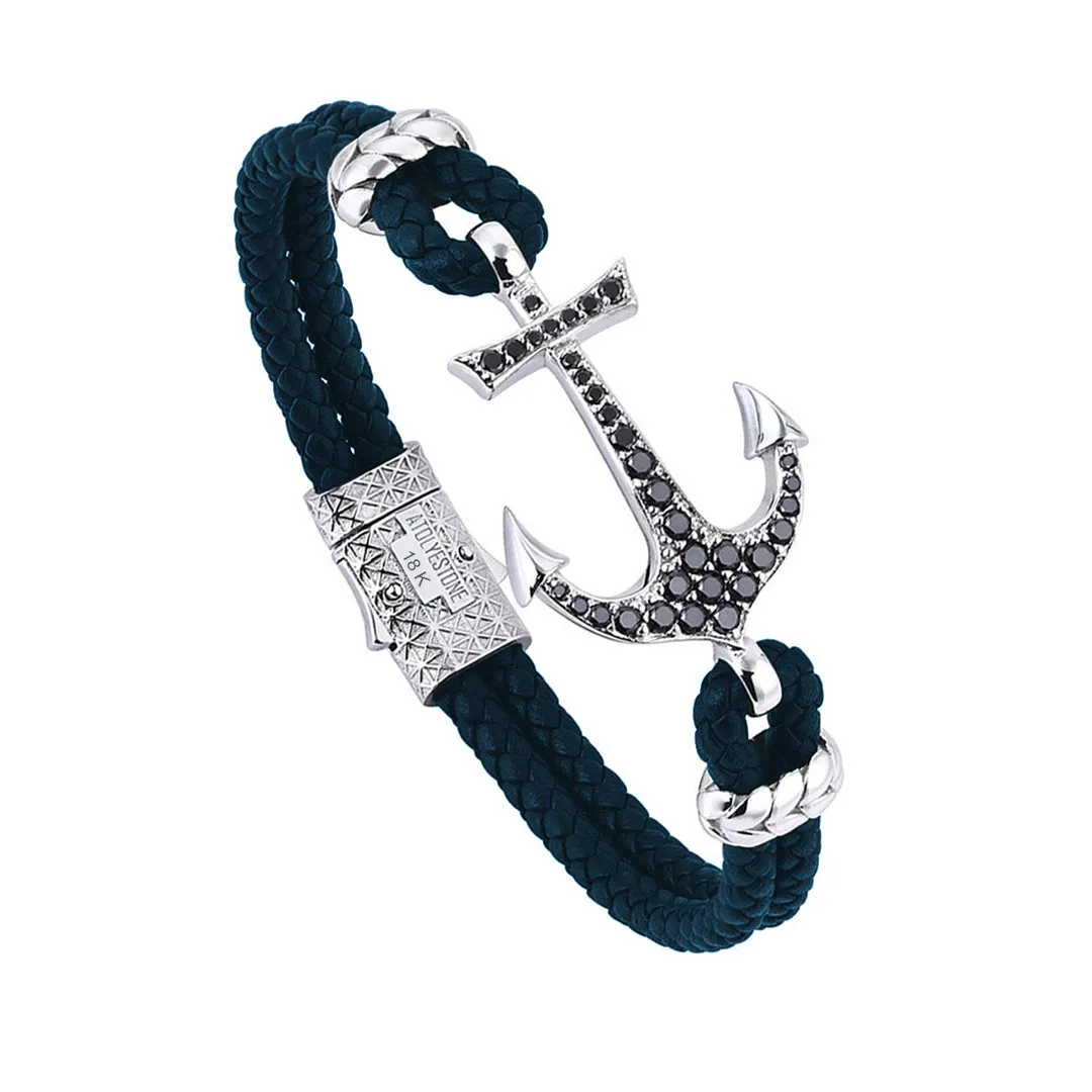 Anchor Leather Bracelet - Solid White Gold