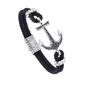 Anchor Leather Bracelet - Solid White Gold