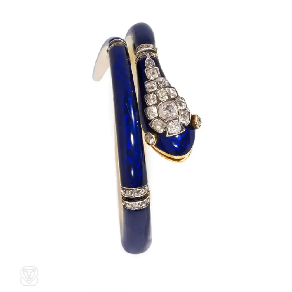 Antique enamel and diamond snake bracelet