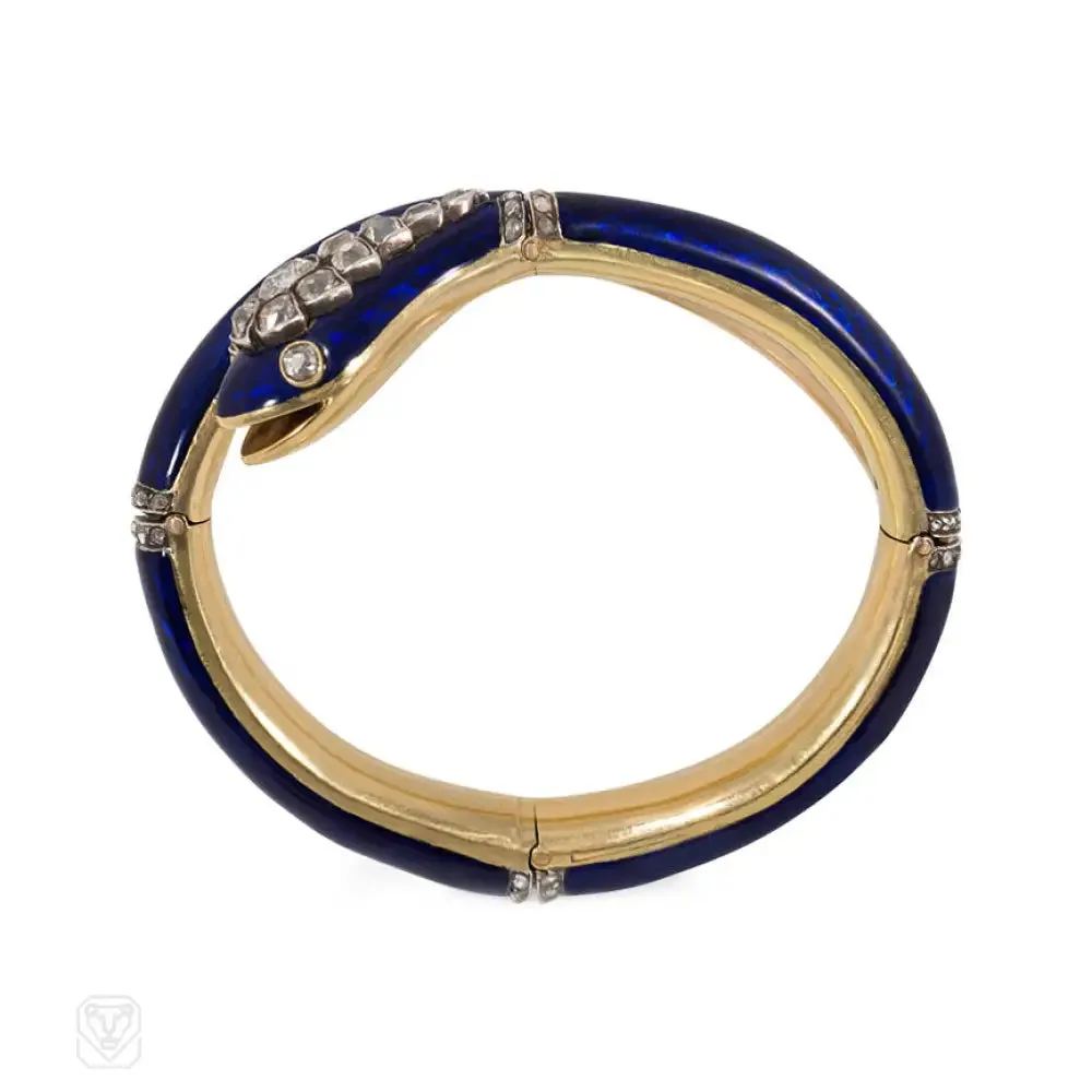 Antique enamel and diamond snake bracelet