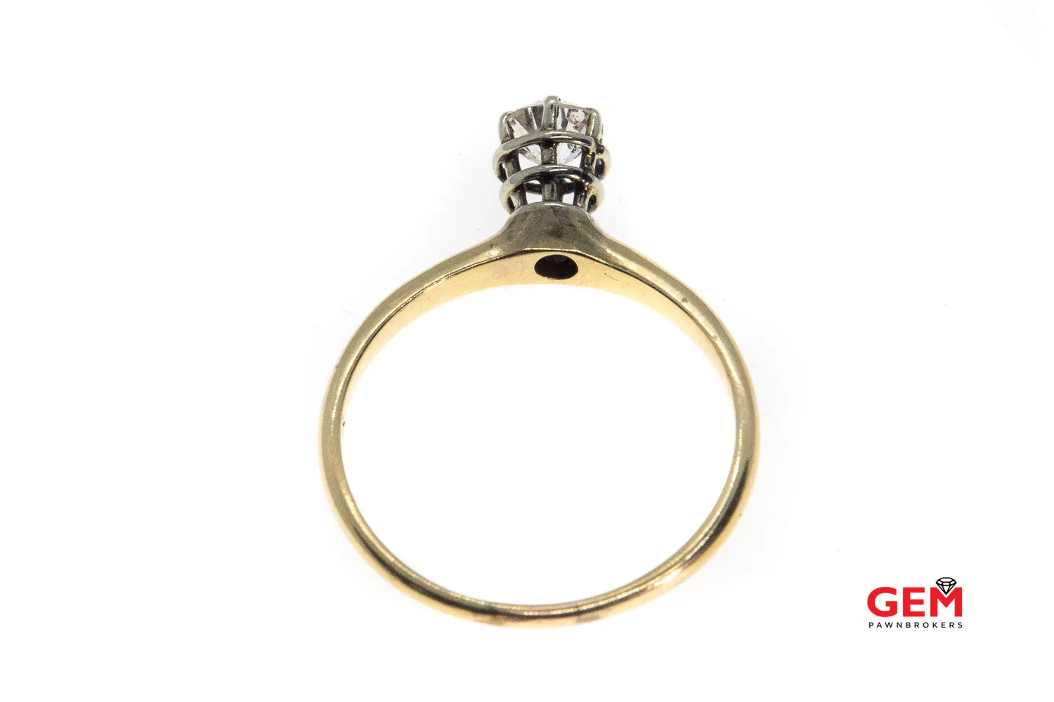 Antique Solitaire Raised Diamond Basket 14K 585 Yellow & White Gold Ring Size 7