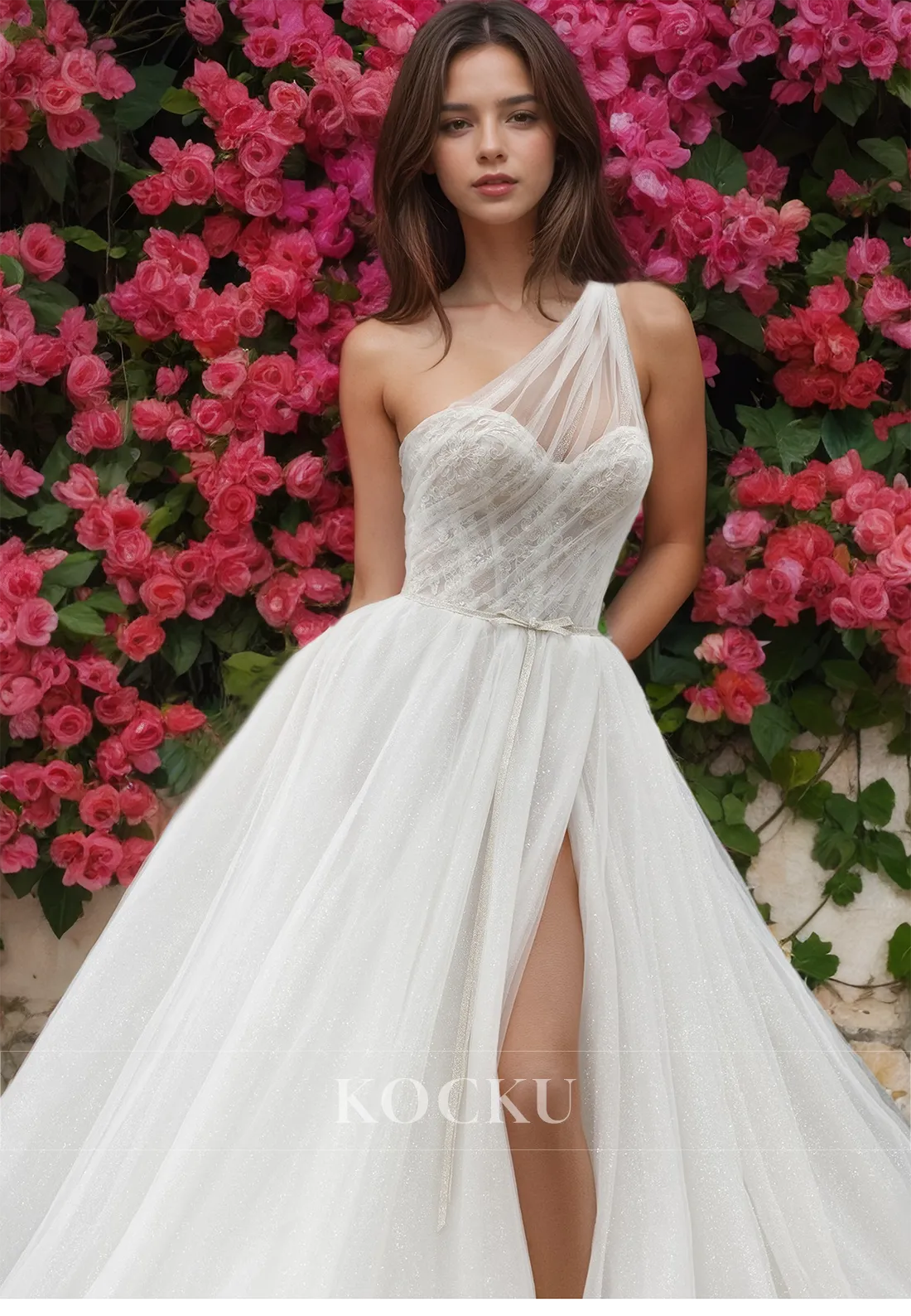 Asymmetrical A-Line One Shoulder Sleeveless High Slit Lace Wedding Dress with Appliques Bridal Gowns