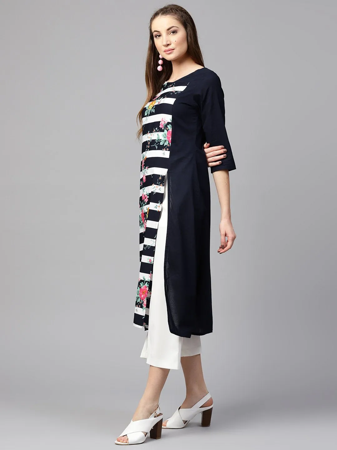 Blue 3/4Th Sleeve Crepe Floral Printed Kurta