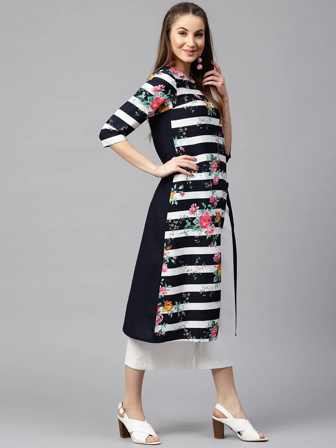 Blue 3/4Th Sleeve Crepe Floral Printed Kurta