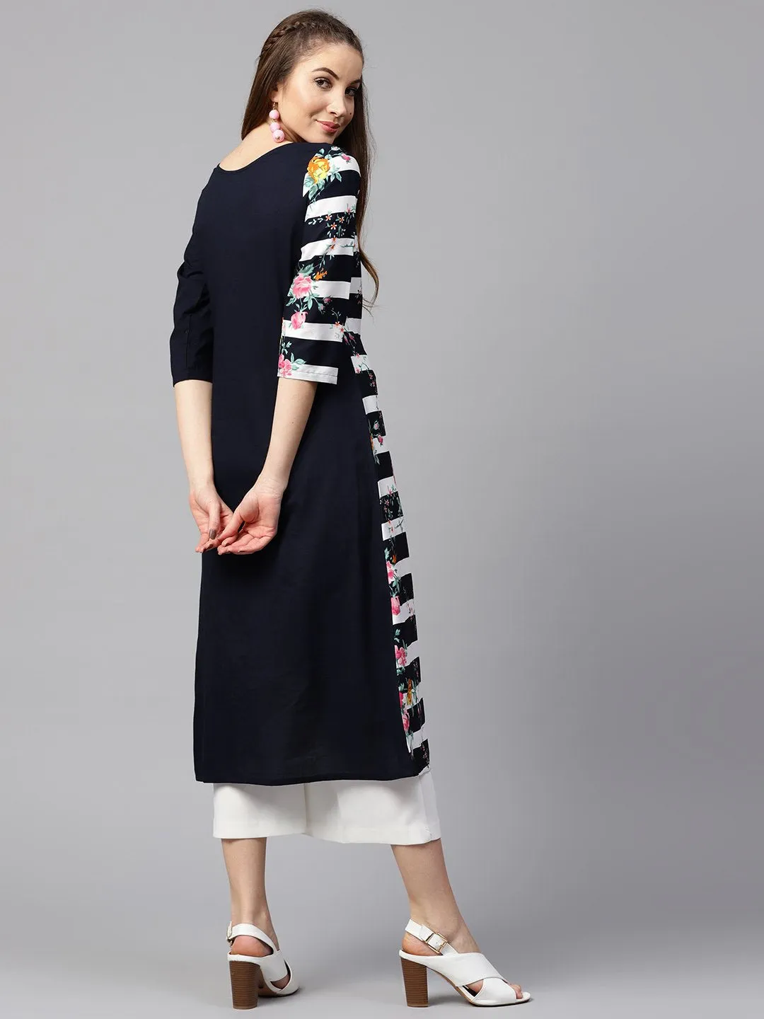 Blue 3/4Th Sleeve Crepe Floral Printed Kurta