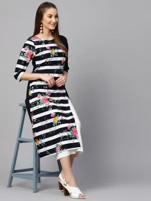 Blue 3/4Th Sleeve Crepe Floral Printed Kurta