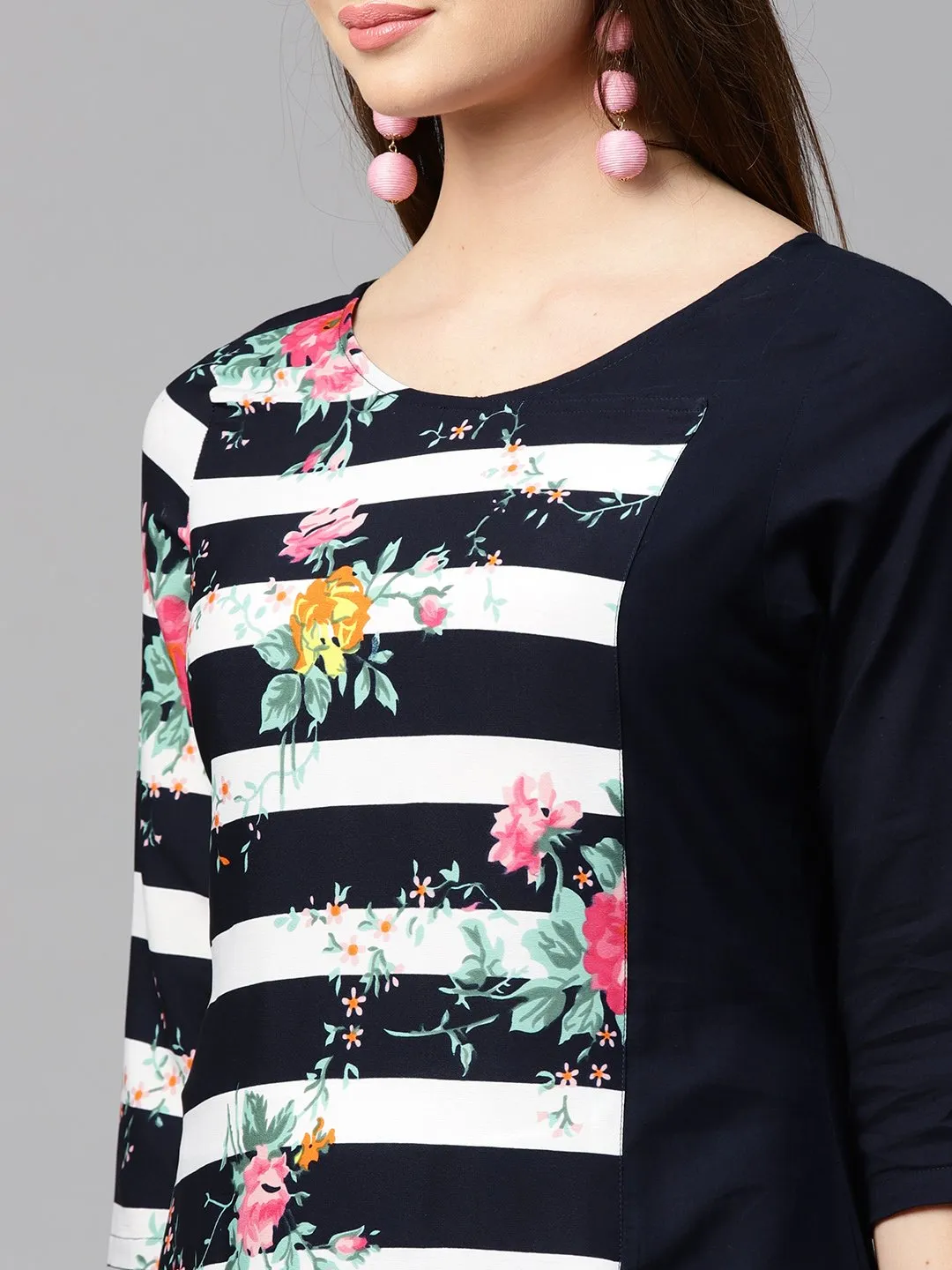 Blue 3/4Th Sleeve Crepe Floral Printed Kurta