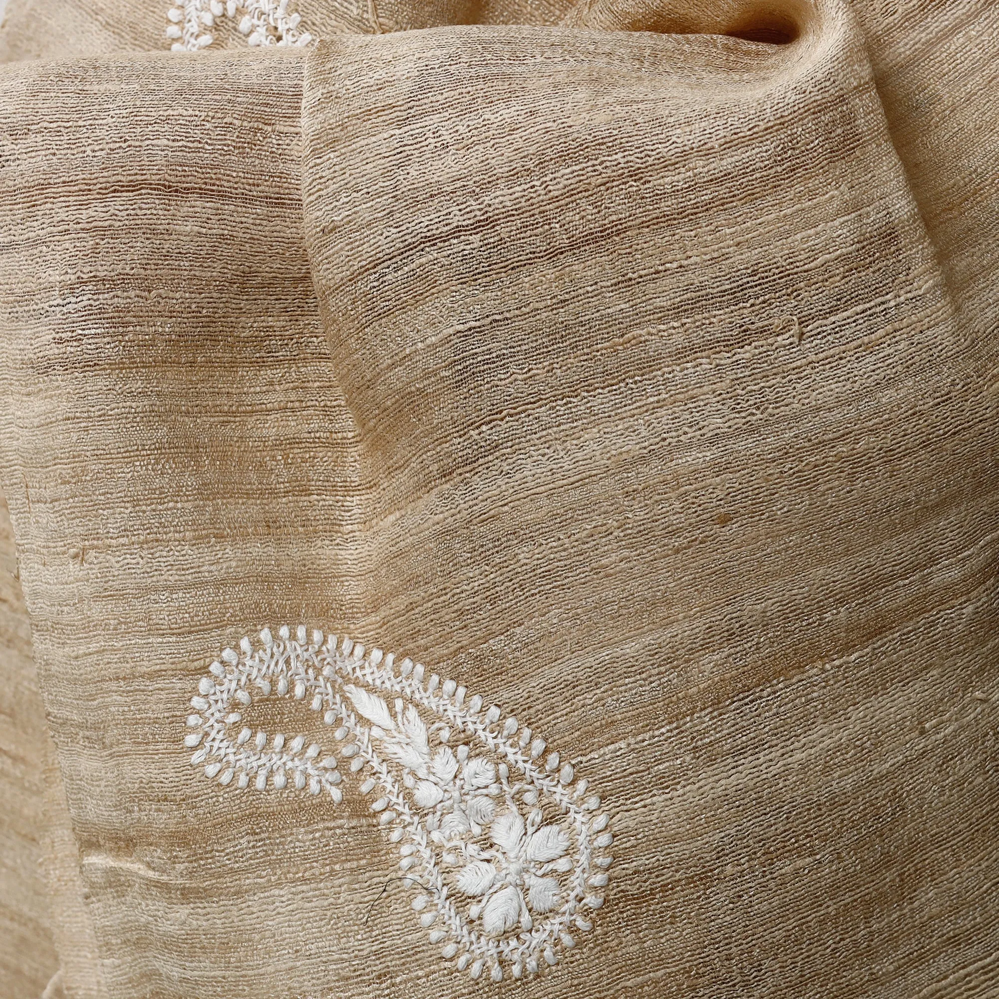 Brown - Lucknow Chikankari Heavy Hand Embroidery Ghicha Silk Dupatta