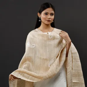 Brown - Lucknow Chikankari Heavy Hand Embroidery Ghicha Silk Dupatta