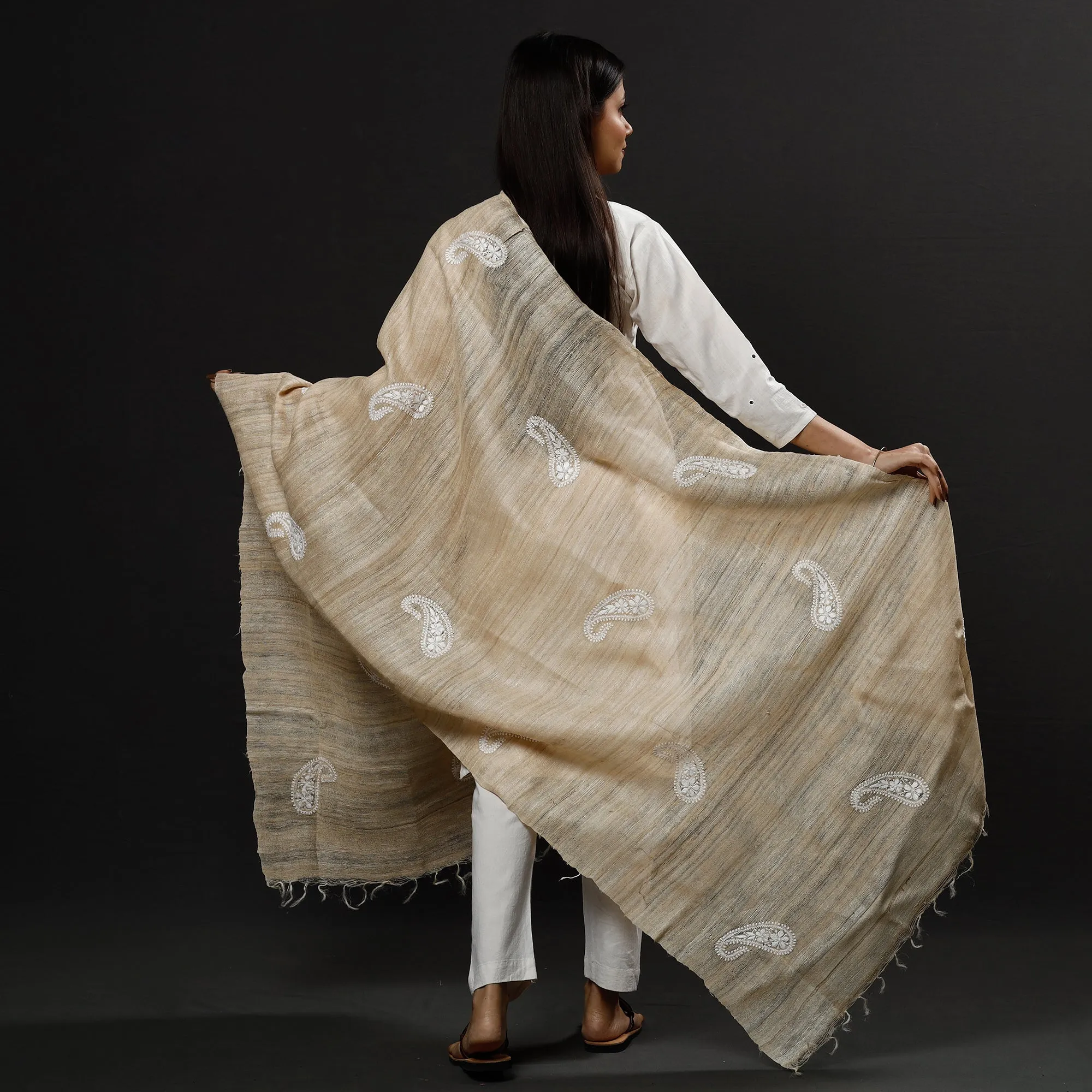 Brown - Lucknow Chikankari Heavy Hand Embroidery Ghicha Silk Dupatta
