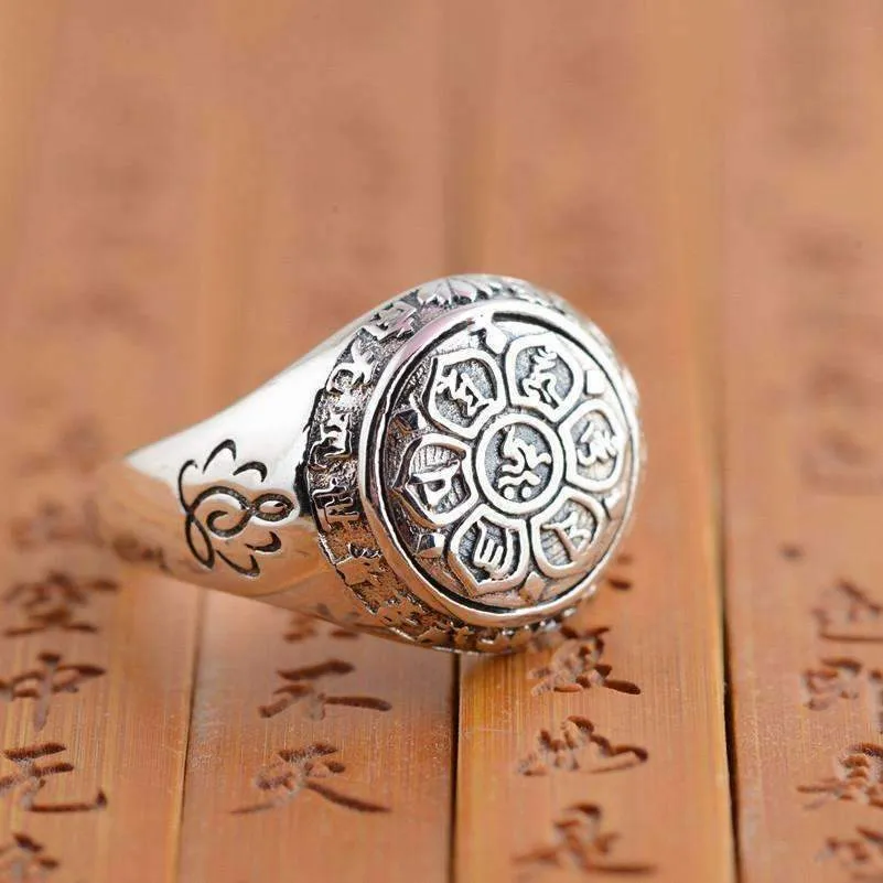 Buddhist Lotus Mantra Solid Silver Ring