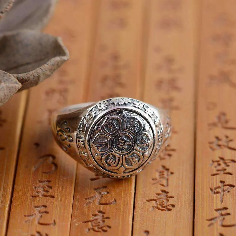 Buddhist Lotus Mantra Solid Silver Ring