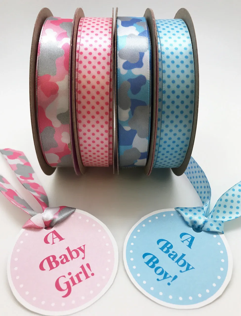 Camouflage Ribbon in pink and gray on 5/8" white single face satin
