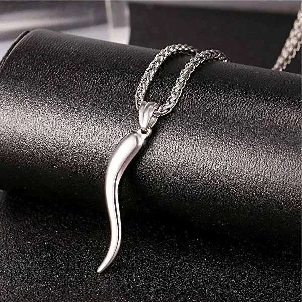 Classy Men Silver Italian Horn Pendant Necklace