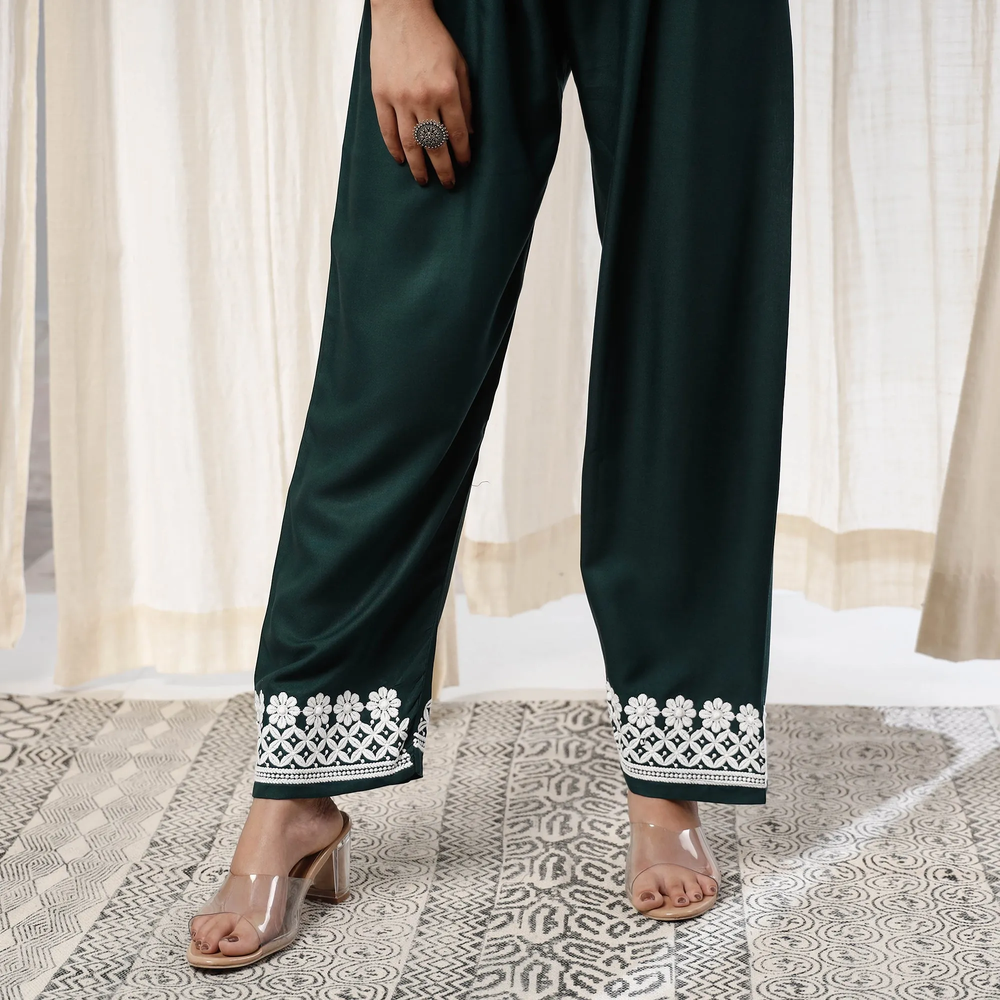 Dark Green Chikankari Embroidery Rayon Cotton Kurta with Pant Set