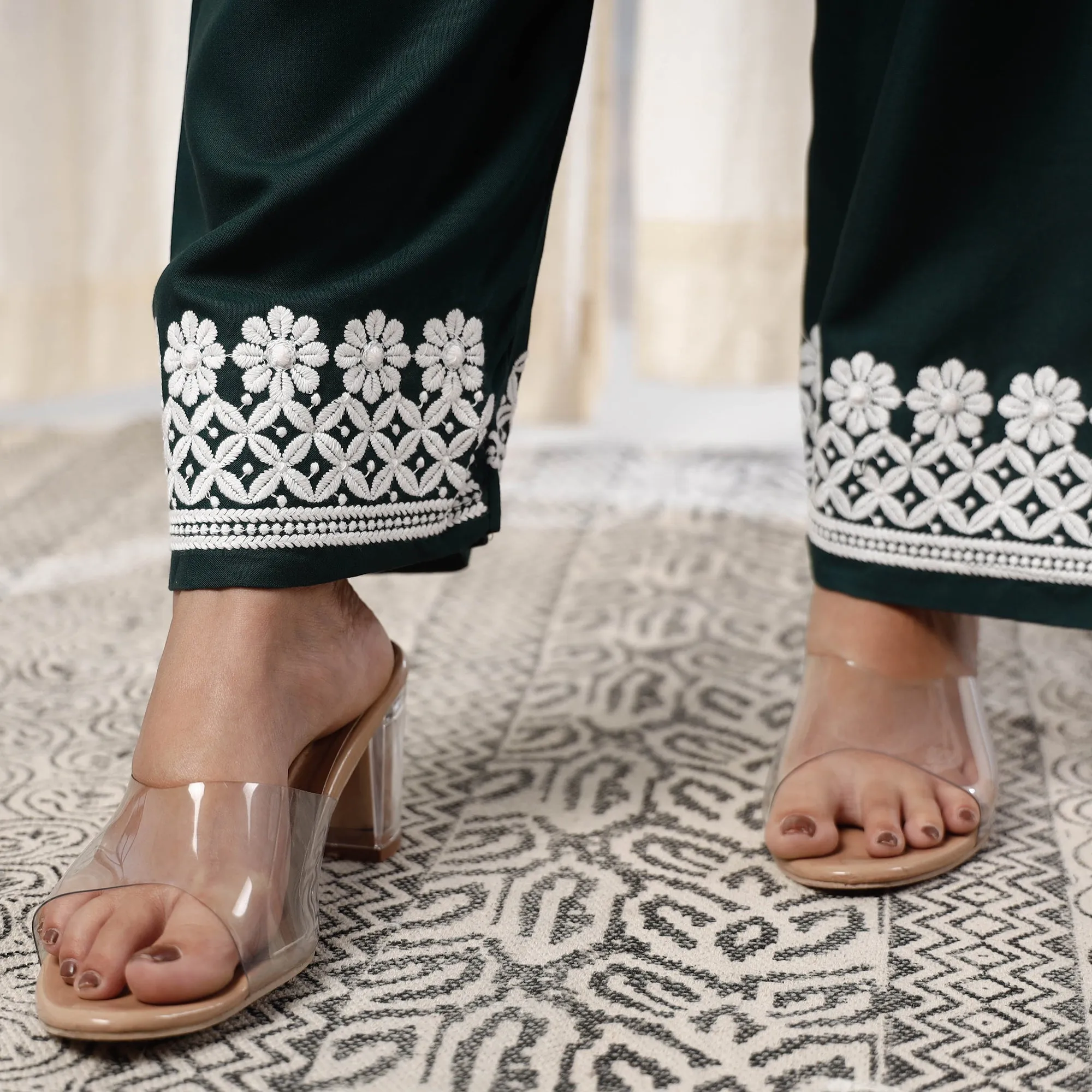 Dark Green Chikankari Embroidery Rayon Cotton Kurta with Pant Set