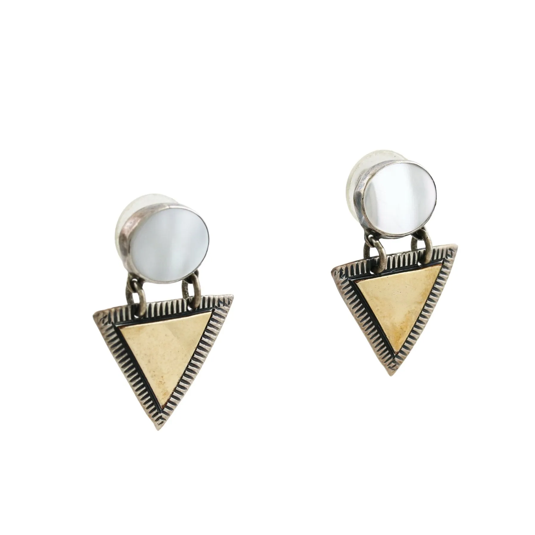 Dual Tone Triangular Brass x Silver Pearl Earrings