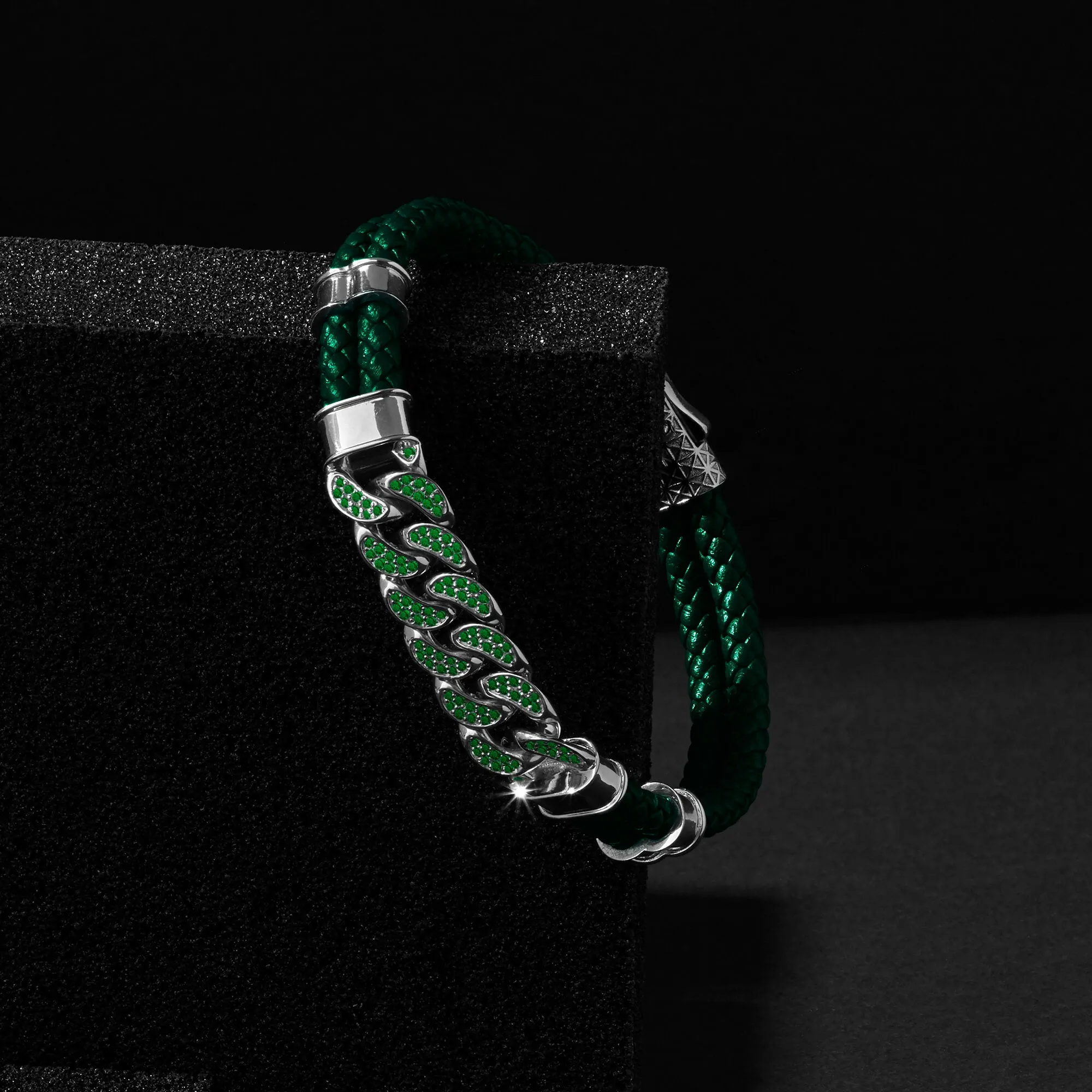 Emerald Cuban Links Leather Bracelet