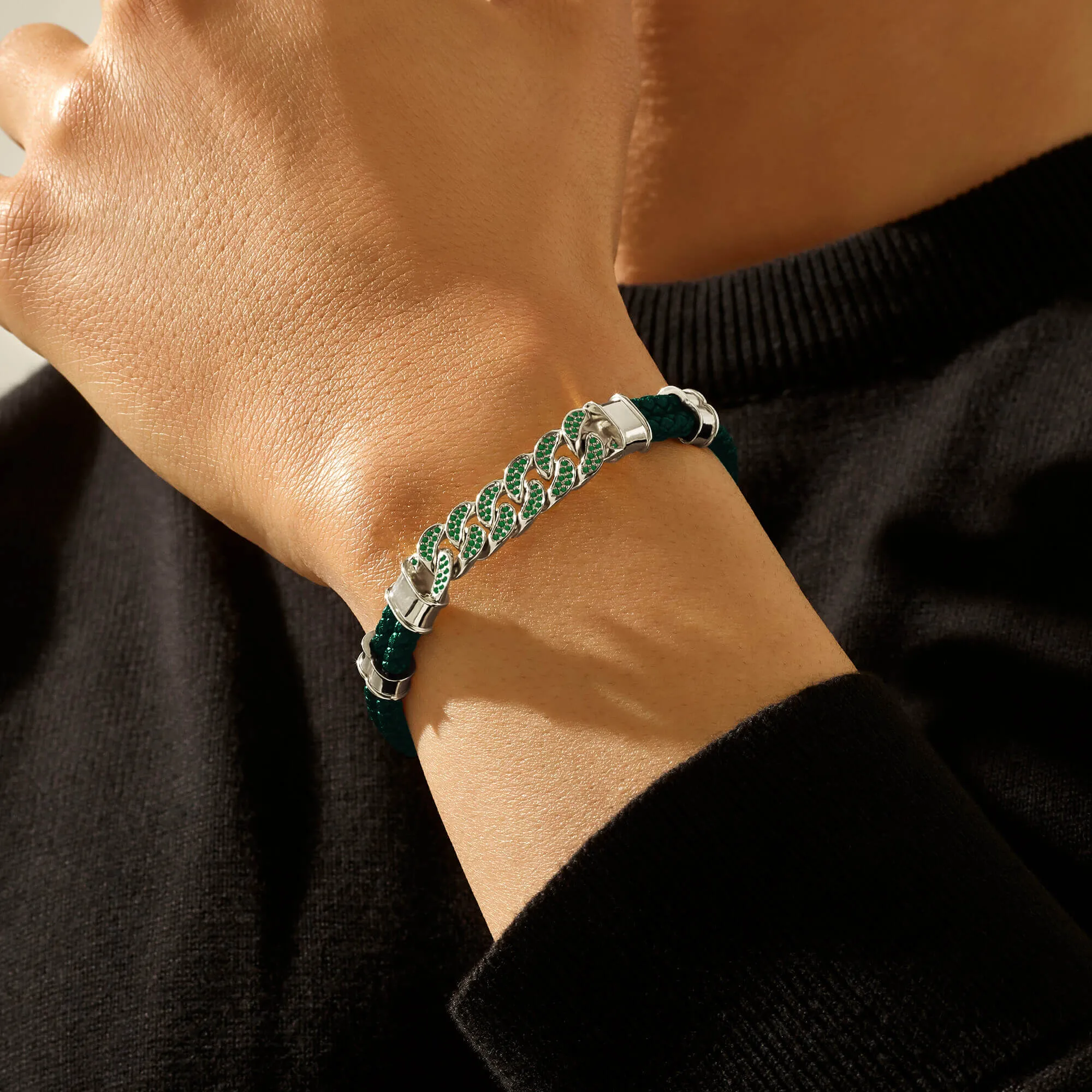 Emerald Cuban Links Leather Bracelet