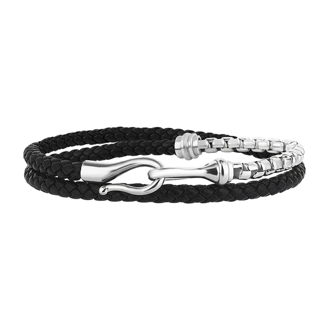 Fish Hook Leather & Box Chain Wrap Bracelet in Silver