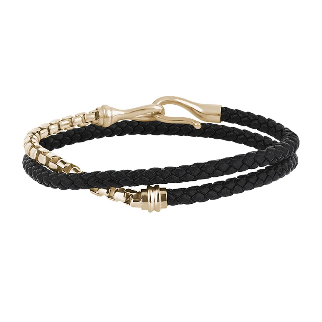 Fish Hook Leather & Box Chain Wrap Bracelet in Silver