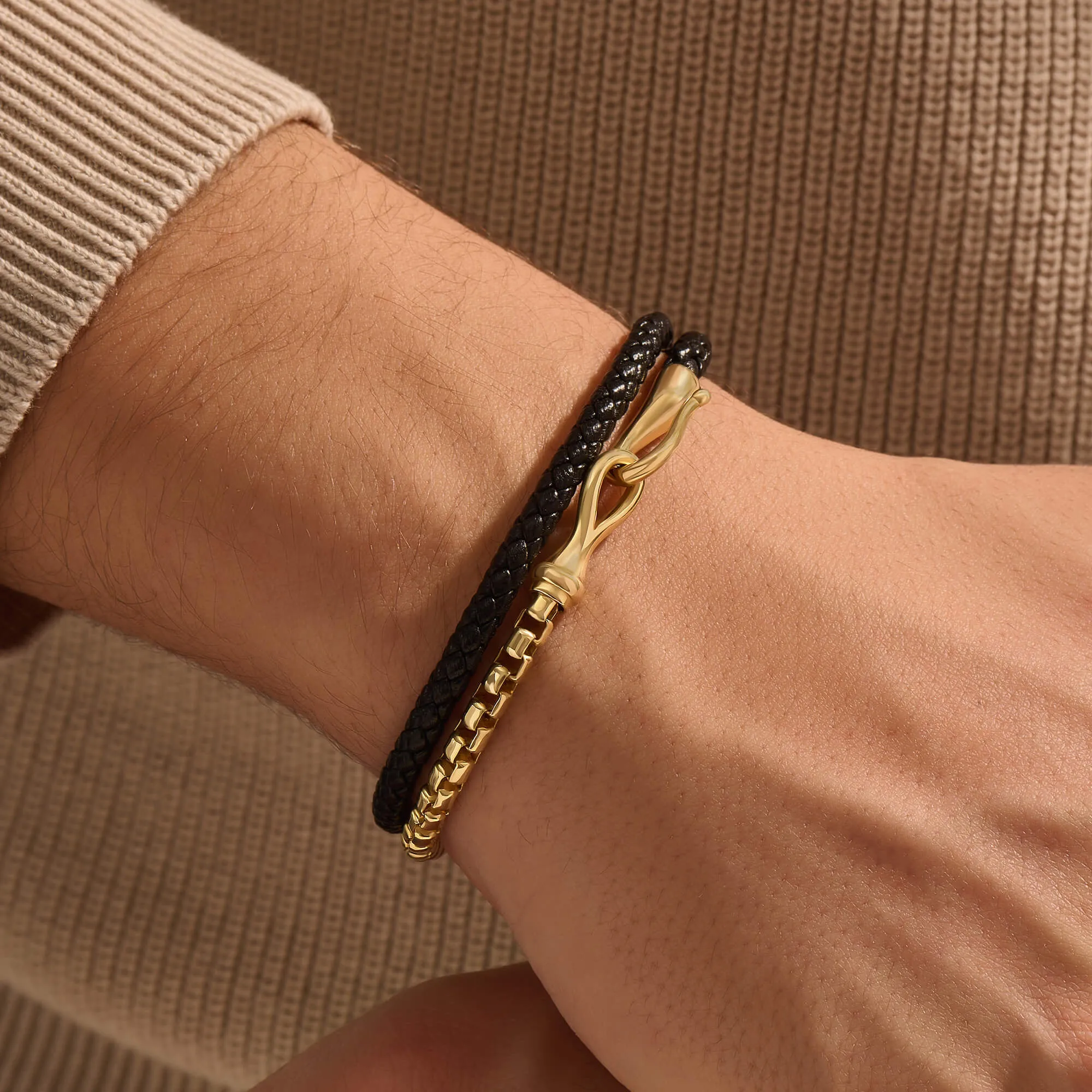 Fish Hook Leather & Box Chain Wrap Bracelet in Silver
