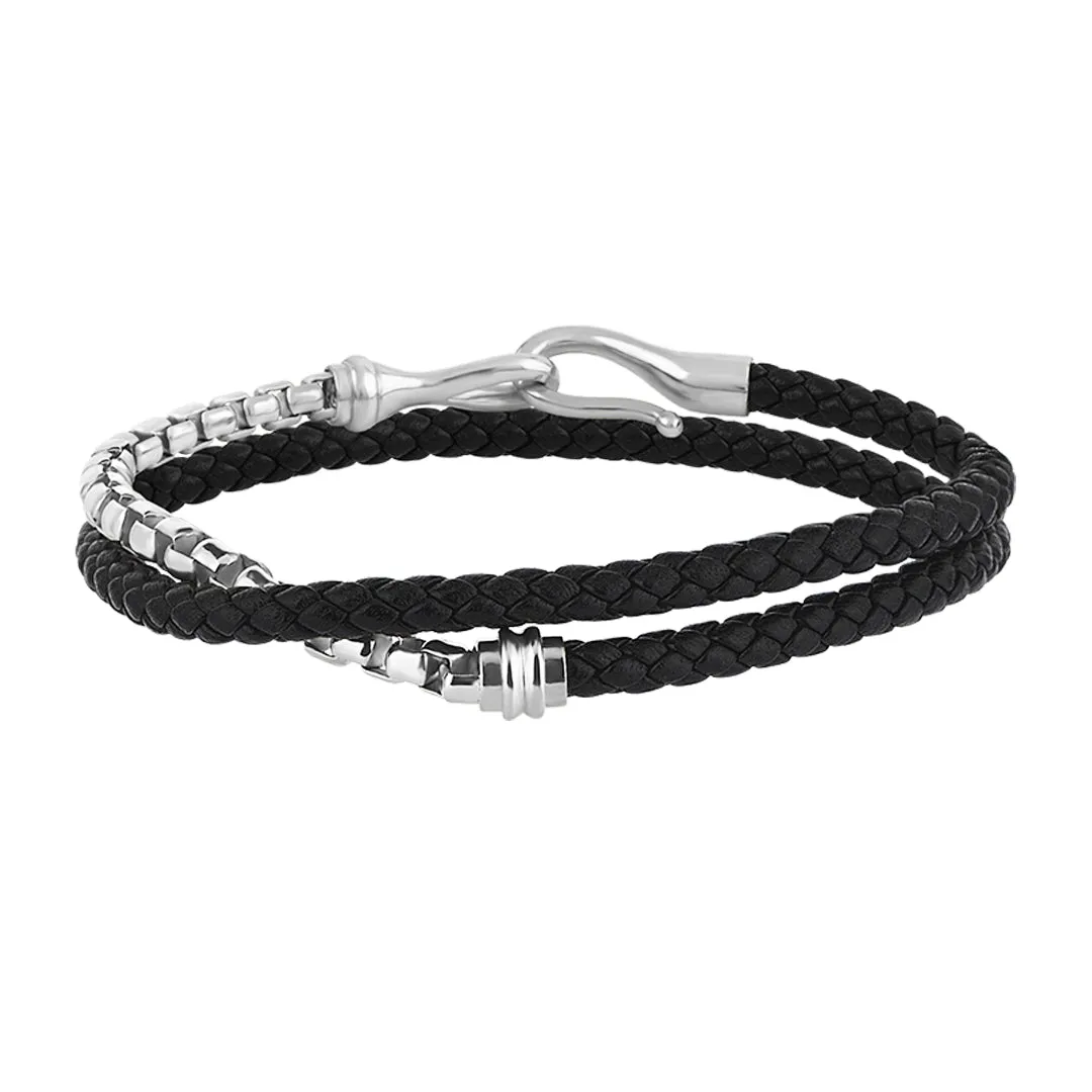 Fish Hook Leather & Box Chain Wrap Bracelet in Silver