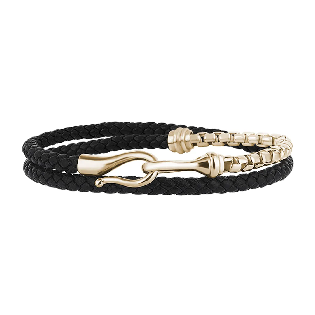 Fish Hook Leather & Box Chain Wrap Bracelet in Silver