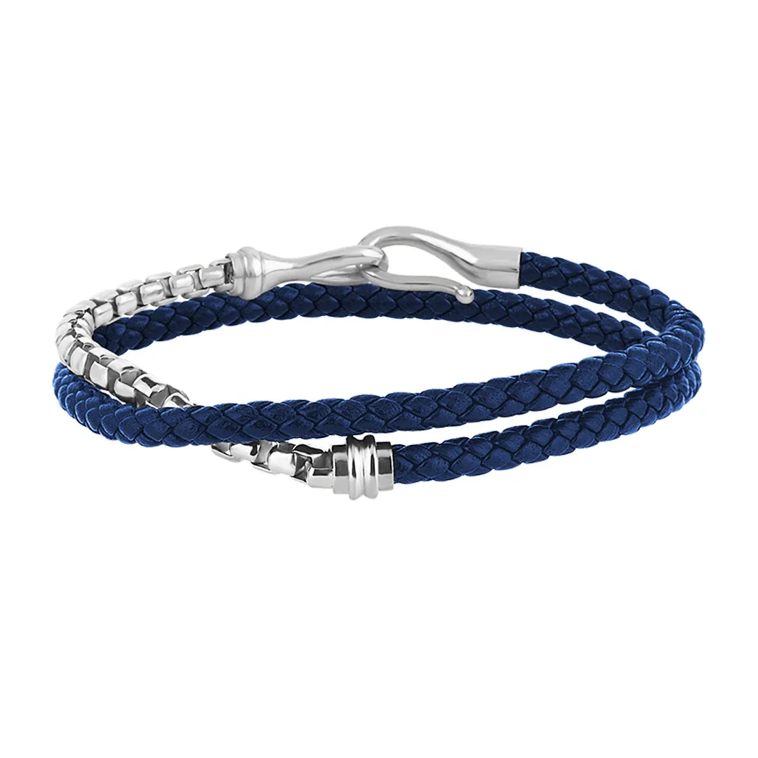 Fish Hook Leather & Box Chain Wrap Bracelet in Silver